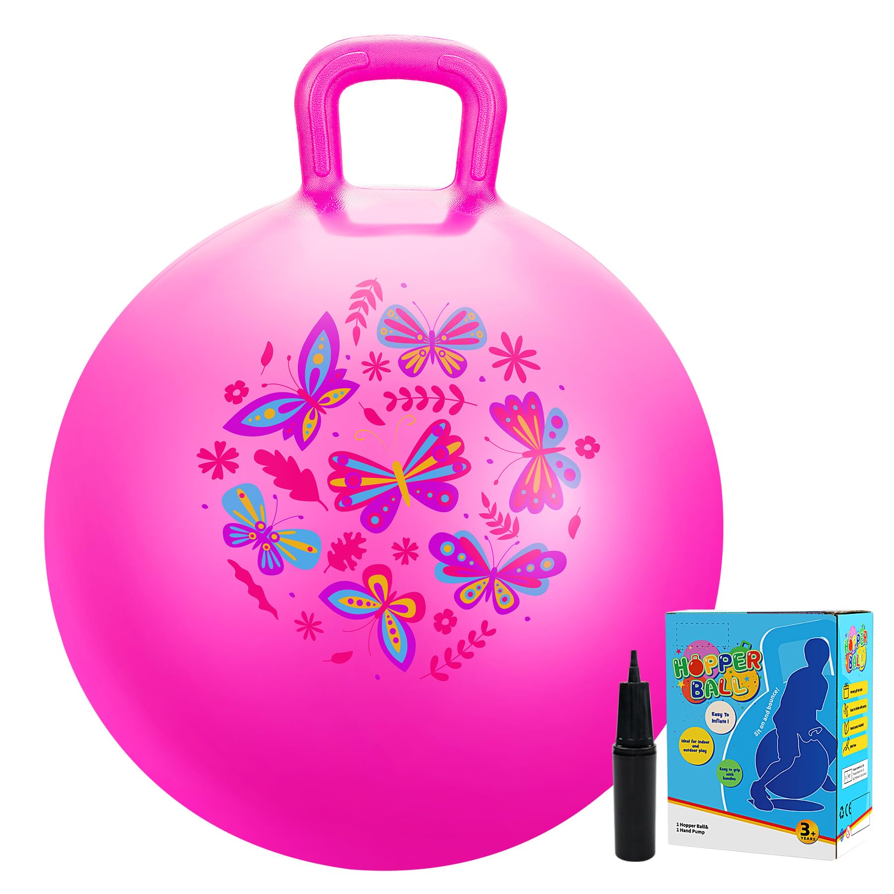 Vastoy 20 Inch Hopper Ball for Kids 6-9 Years - Anti-Slip Space Hopper with Hand Pump, Bouncy Inflatable Ride On Toy for Indoor Outdoor Fun, for Children (Pink Butterfly)
