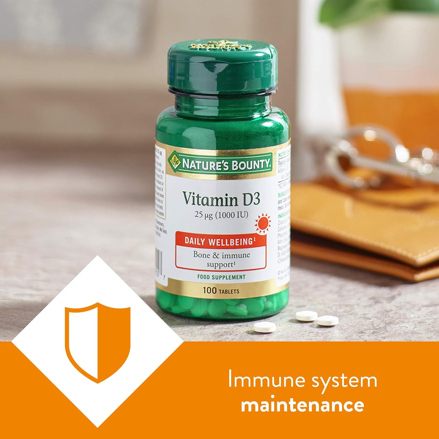 Nature's Bounty Vitamin D3 25 µg (1000 IU) Tablets, Pack of 100 Tablets, One-a-Day, High Strength Vitamin D, Bone - Image 3