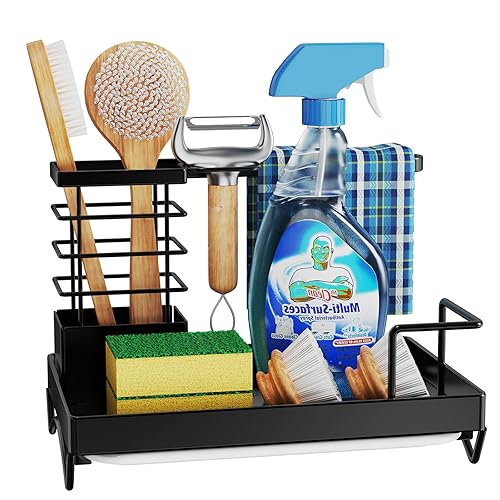 WARMSIMPLE Sponge Holder for Kitchen Sink, Stainless Steel Kitchen Sink Organizer with Dishcloth Holder, Kitchen Sink Caddy with Removable Drain Tray, Quick Drying Kitchen Sink Sponge Holder