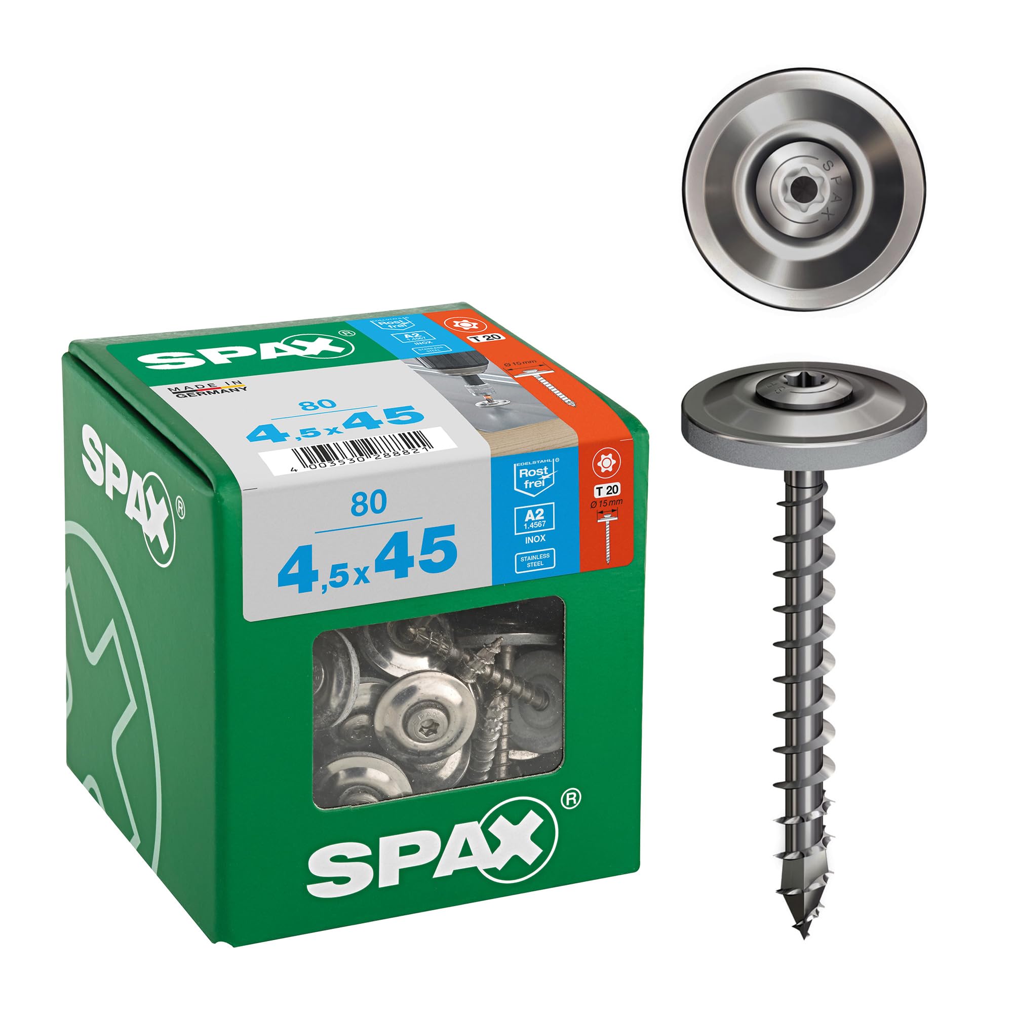 4587000450456 4.5 x 45 mm T-Star Plus T20 4Cut A2 Rustproof Stainless Steel Sealing Washer 15 mm Pack of 80