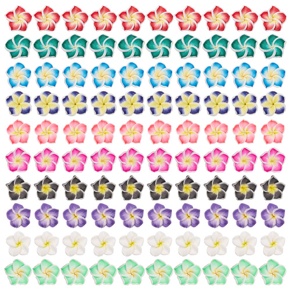 SUNNYCLUE 100pcs 10 Color Tropical Polymer Clay Flower Beads Summer Ocean Hawaii Plumeria Resin Cabochons Flatback Beads 5 Petal Floral Charm with Hole for Jewellery Earring Making Home Decor