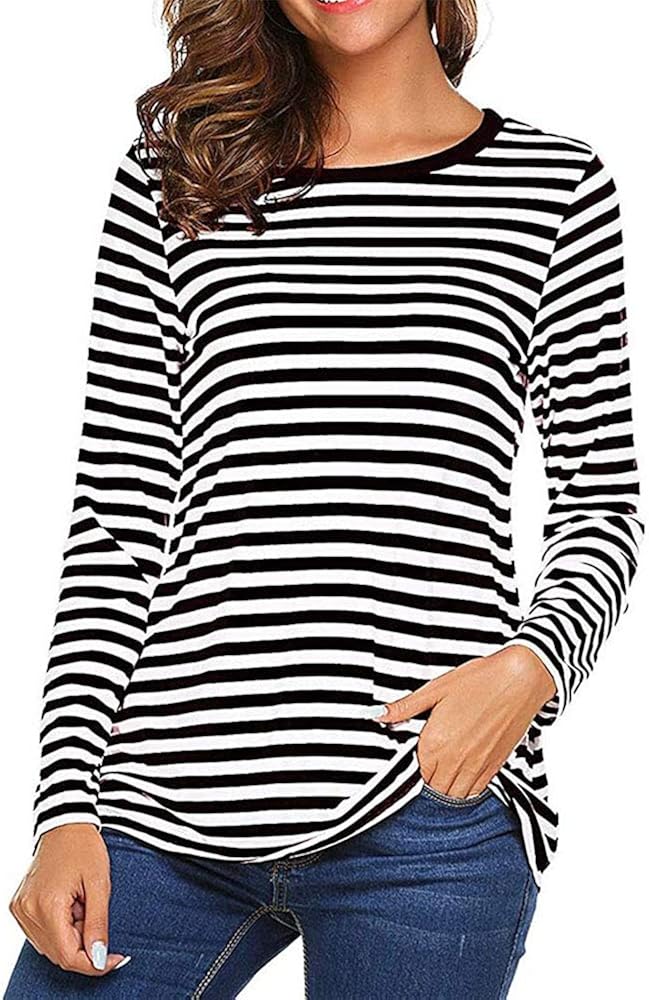 SUPER㊣R Damen Herbst Winter Casual Lose Basic Streifen Langarmshirt Hemd Rundhals Langarm Shirt SUPER㊣R Damen Herbst Winter Casual Lose Basic Streifen Langarmshirt Hemd Rundhals Langarm Shirt