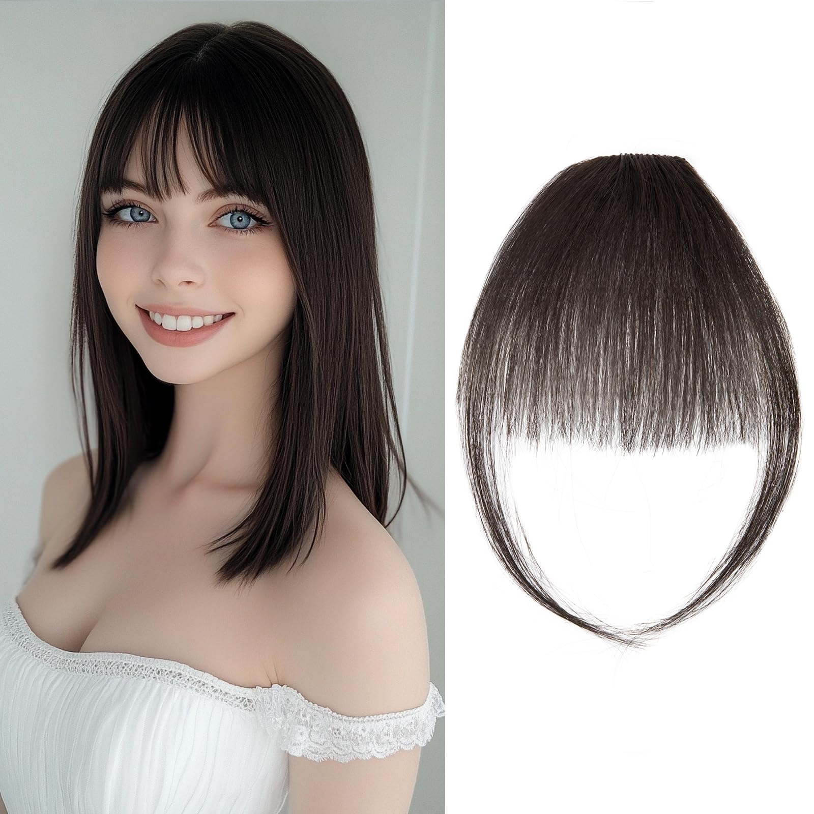 Clip in Fringe Human Hair Natural Black Bangs Fringe Clip in Hair Extensions Clip on Air Bangs Remy Human Hair Extensions Short Hairpieces for Women Clip in Bangs Fringe