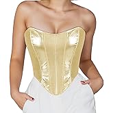 Hmxpls Metallic Corset Top for Women, Leather Bustier Corset Top Strapless Lace Up Boned Sweetheart Neck Bodyshaper Bustier