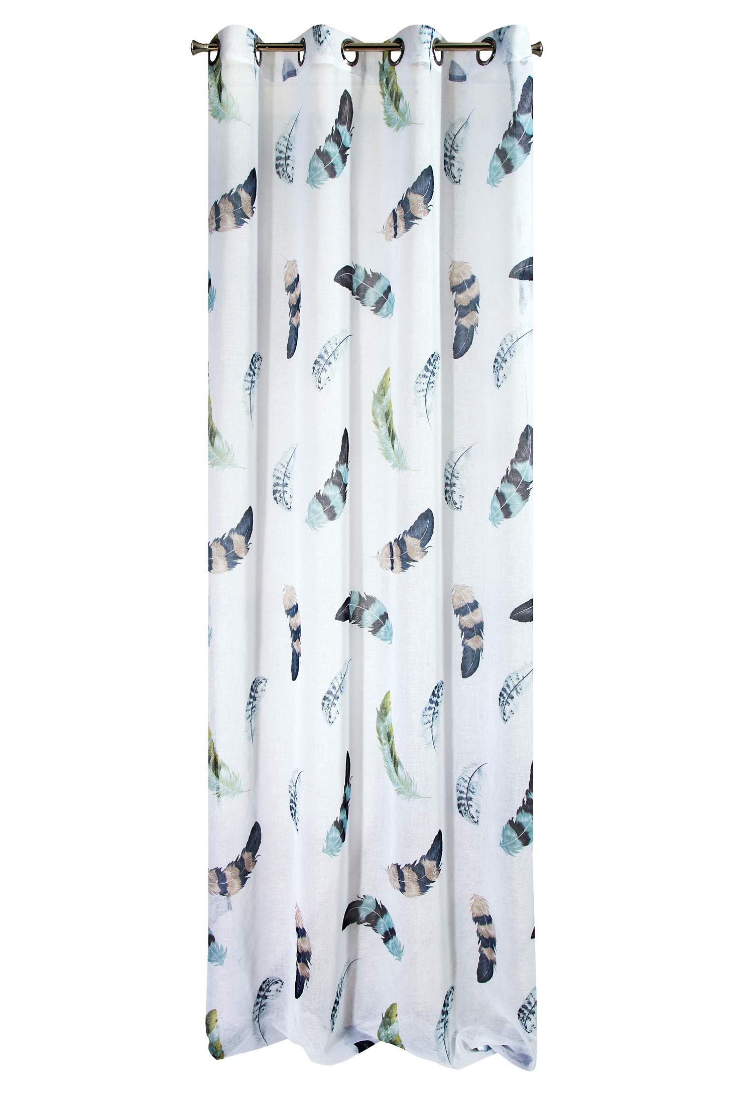 Eurofirany Smooth Feathers Pattern Transparent Print Matt 8 Eyelets Soft Curtains Modern Simple Bedroom Living Room, White + Green, 140X250cm