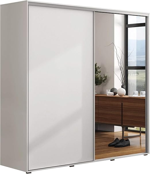 Mirjan24 Kleiderschrank Garni Schwebeturenschrank Mit Spiegel Praktischer Schlafzimmerschrank Elegantes Garderobe Schlafzimmer Diele Flur Schiebetur Weiss Breite 150 Cm Amazon De Kuche Haushalt