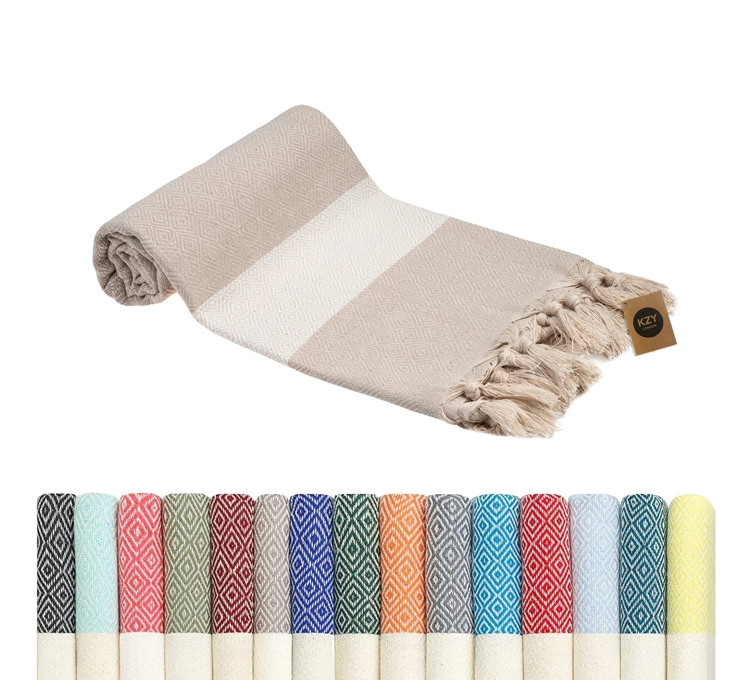 KZY LONDON Beach Towel - Large Turkish Beach Towels for Camping, Swimming, Bath, Gym, Picnic - Quick Dry, Super Absorbent, Lightweight, Compact Cotton Hammam Towels for Adults, Men, Kids (Beige)