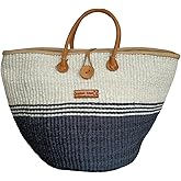 Balance Tri Stripes Handwoven Economical Sisal Basket Tote Bag, Market Grocery Shopping Bags with Leather Handles and Button Closure, Summer Beach Basket Handbag, Large Straw Shoulder Purse for Women