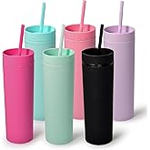 sweet grain Multicolor Skinny Tumblers with Lids and Straws(6 Pack) - 16oz Matte Pastel Colored Skinny Acrylic Tumblers, Double Wall Plastic Tall Skinny Tumblers Bulk for Cold Hot Drinks