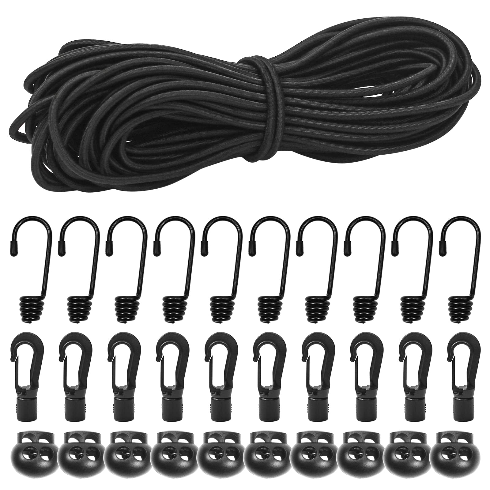 3/16"Bungee Shock Cords with Hooks,65 Feet Elastic