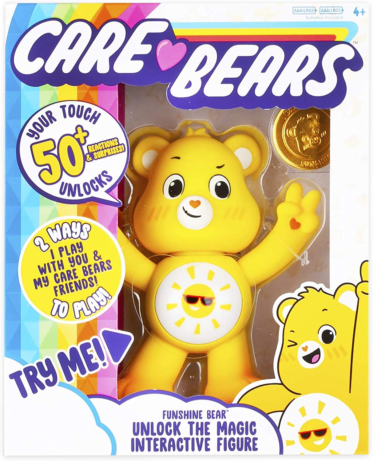 Care Bears 22051 Unlock the Magic Funshine Bear, Collectable Cute Dolls for Girls and Boys, 5 Inch Figure, Interactive Toys for Children, Suitable for Girls and Boys Aged 4, 5, 6 Years +