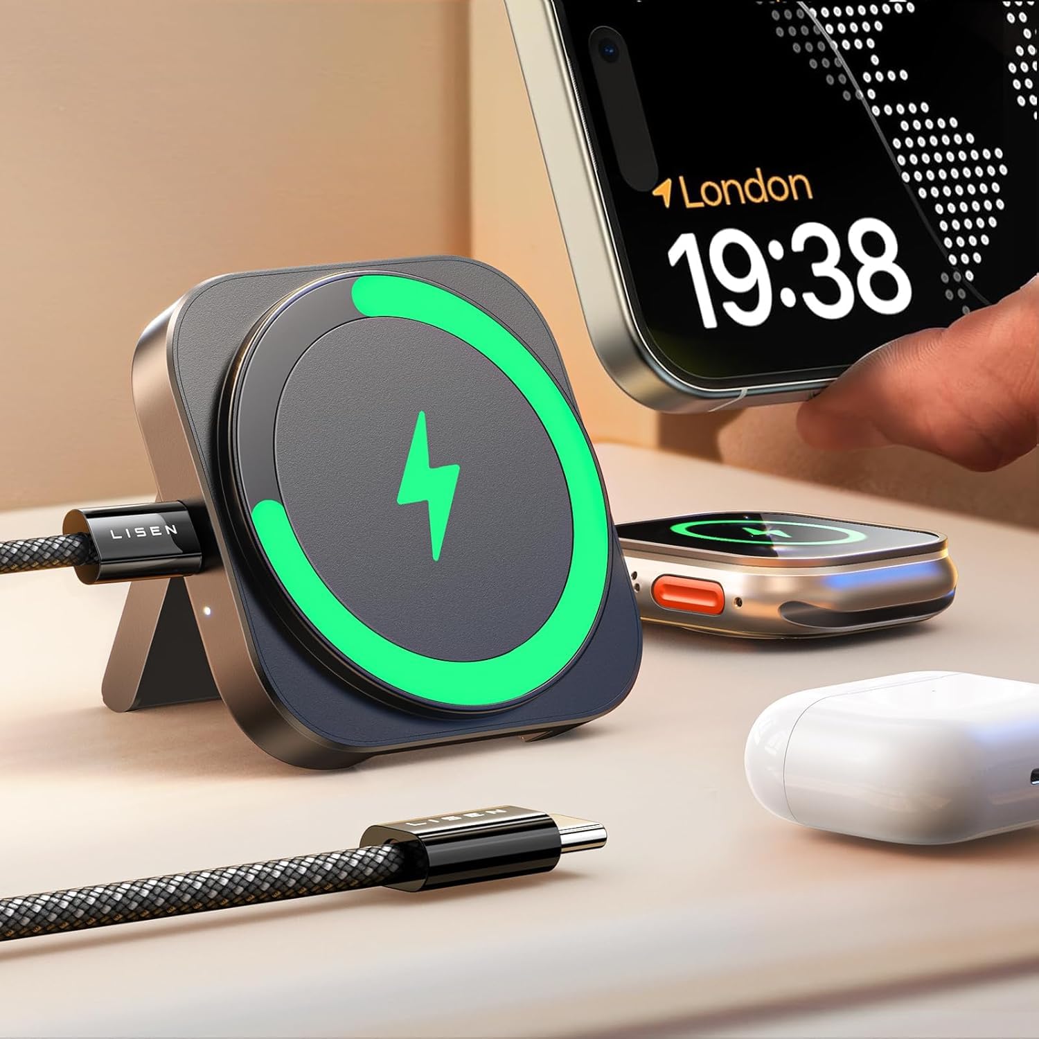 LISEN Magsafe Wireless Charger Stand for iPhone 16 Apple Watch 17X Magnetic Mag Safecharger Pad Travel 3 in 1 Charging Station Dock Mini Bedroom Accessories for iPhone 16 15 Pro Max 14 13 12 iWatch 10
