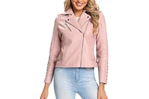 S P Y M Womens Faux Leather Jacket, Double Zip Up Coat, Moto Biker Outwear with Rivets, Regular and Plus Size