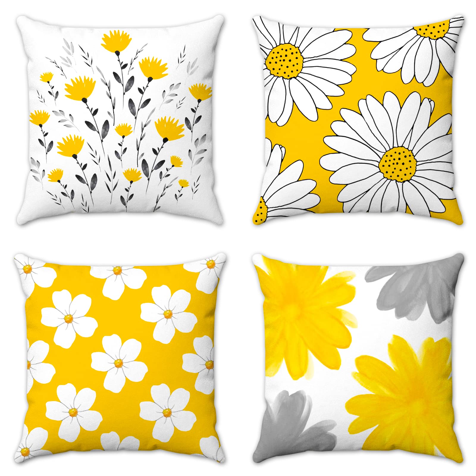 KUNQIAN Outdoor Cushion Covers Yellow Mustard Flower Daisy Garden Cushions Set of 4 Throw Pillow Cover Home Decorative for Sofa Living Room Outside Grey Floral 18x18 Inch 45x45cm