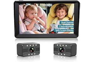 HUBOOK Baby Car Camera -7 Inch Split Screen with Dual Seat Cameras, Night Vision, HD 1080P - USB Powered Easy Install Rear Facing Baby Car Monitor - Perfect for 2Kids/Twins