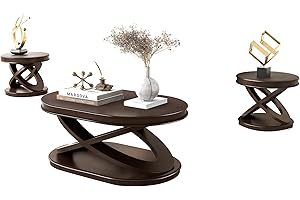 Amposei Traditional Vintage Set of 3 Living Room Table Accent Furniture, Including 1 Wood Oval Coffee Table & 2 Round Side Tables, Espresso