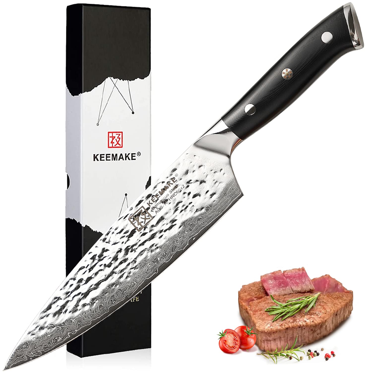 Photo 1 of KEEMMAKE Damascus Chef Knife - 8 Inch Gyutou with Hammered Damascus Steel AUS-10 Blade, Professional Kitchen Knife with G10 Handle