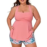 Summer Mae Plus Size Tankini Swimsuits for Women Two Piece Bathing Suit with Pockets Shorts Tummy Control Swimwear