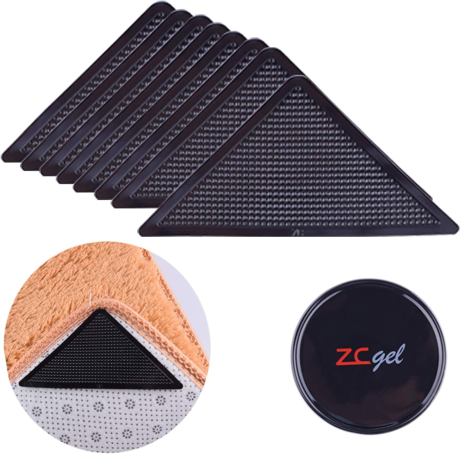 ZC GEL Rug Grippers for Hardwood Floors (8 pcs), Anti Slip Rug Grippers with Non Curling Washable and Reusable Non-Trace Removable Eco-Friendly Carpet Gripper for Tile Floors,Carpets,Floor Mats,Black: Kitchen & Dining