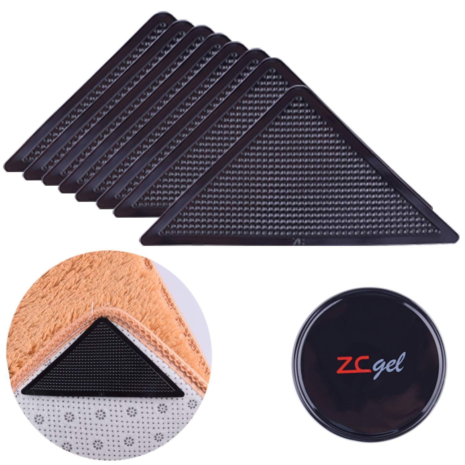 ZC GEL Rug Grippers for Hardwood Floors (8 pcs), Anti Slip Rug Grippers with Non Curling Washable and Reusable Non-Trace Removable Eco-Friendly Carpet Gripper for Tile Floors,Carpets,Floor Mats,Black