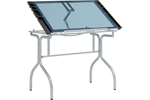 SD STUDIO DESIGNS Studio Designs Folding Modern Glass Top Adjustable Drafting Table Craft Table Drawing Desk Hobby Table Writing Desk Studio Desk, 35.25" W x 23.75" D, Silver/Blue Glass
