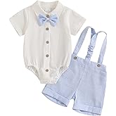 MOBJVIY Toddler Boy Gentleman Outfit Solid Color Short Sleeves Bow Tie Romper Shorts Set Baby Boys Summer Clothes