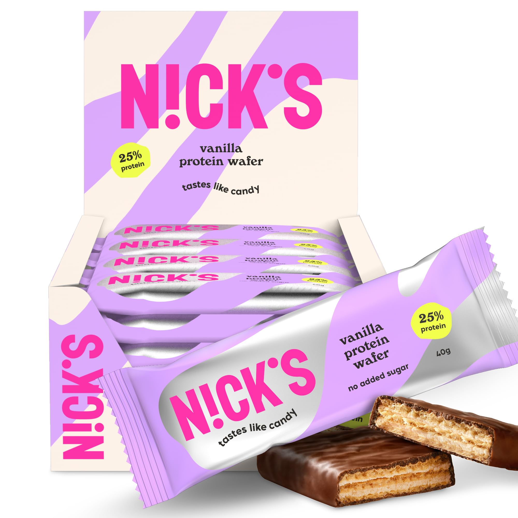 NICKS Protein Wafer Bars Vanilla | 25% Protein | 203 Calories | Low carb Biscuits Snack Bar No Added Sugar Gluten free (Multipack 24x40g)