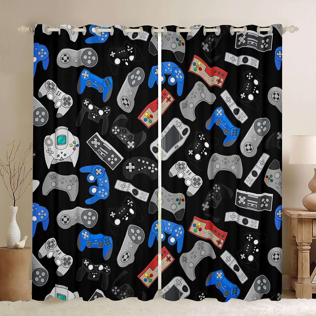 Erosebridal Gamer Curtains for Boys Room,Blue Black Video Gamer for Boys Kids Teen Bedroom Window Treatment, Gaming Game Controller Living Room Drapes 2 Panel Sets, 38X45 Inch