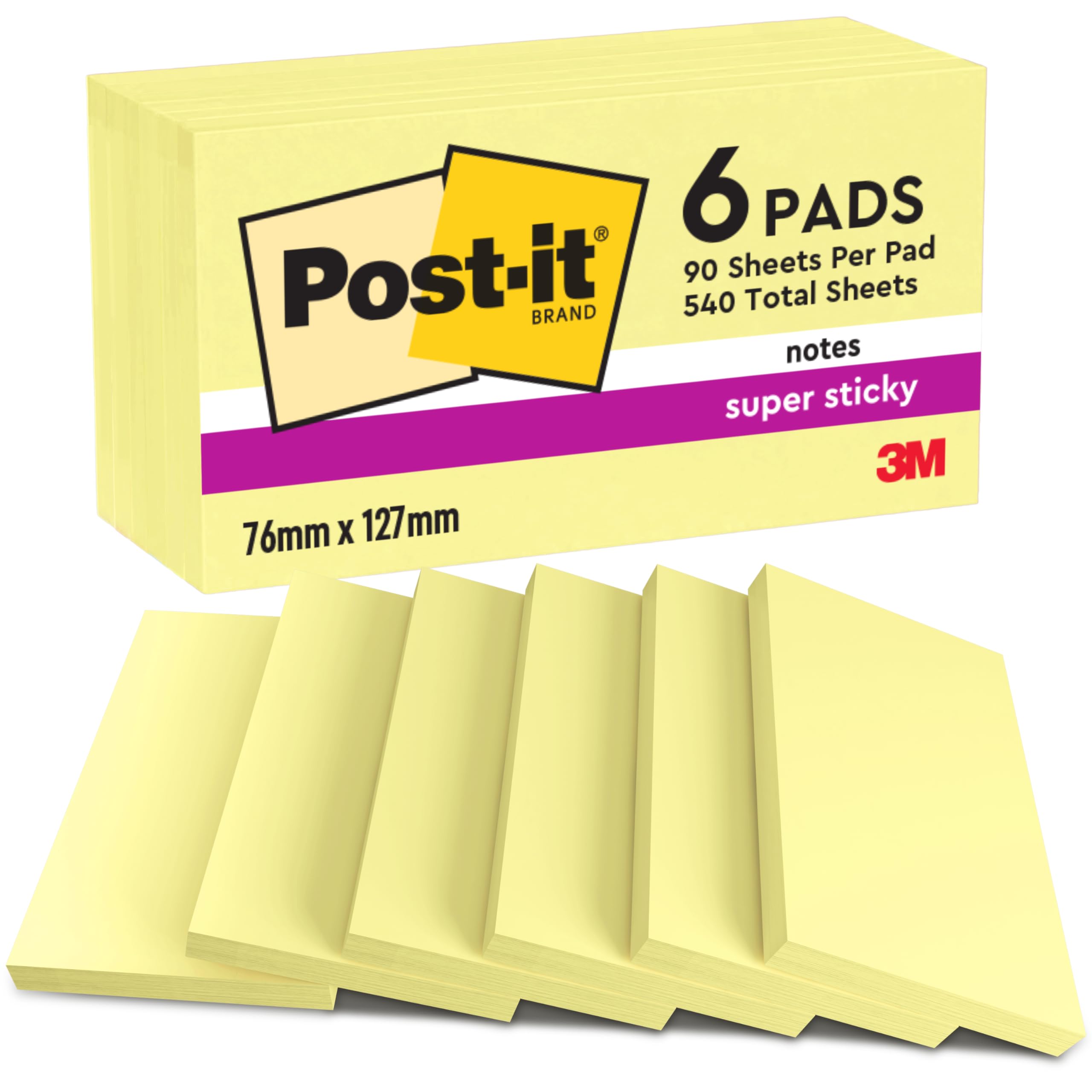 Post-it Super Sticky Notes, Double The Sticking Power, 6 Pads, 540 Sheets, 76 mm x 127 mm, Canary Yellow - Self-Sticking Notes for Walls, Monitors and Fridge