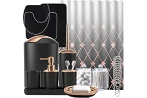BSSN Black Bathroom Set with Shower Curtain and Rugs 25Pcs, Bathroom Accessory Set - Trash Can, Soap Dispenser, Soap Dish, Toilet Brush, Toothbrush Holder, Tumbler Cup, Tray, Canisters