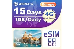 ＵＲＯＺＥＴＴＡ Europe eSIM 15 Days for 30+ European Countries | 1GB Daily High-Speed 4G LTE + Unlimited Network at Reduced Speed | Easy Activation | Hotspot Allowed | Prepaid eSIM for Travel, Business, etc.