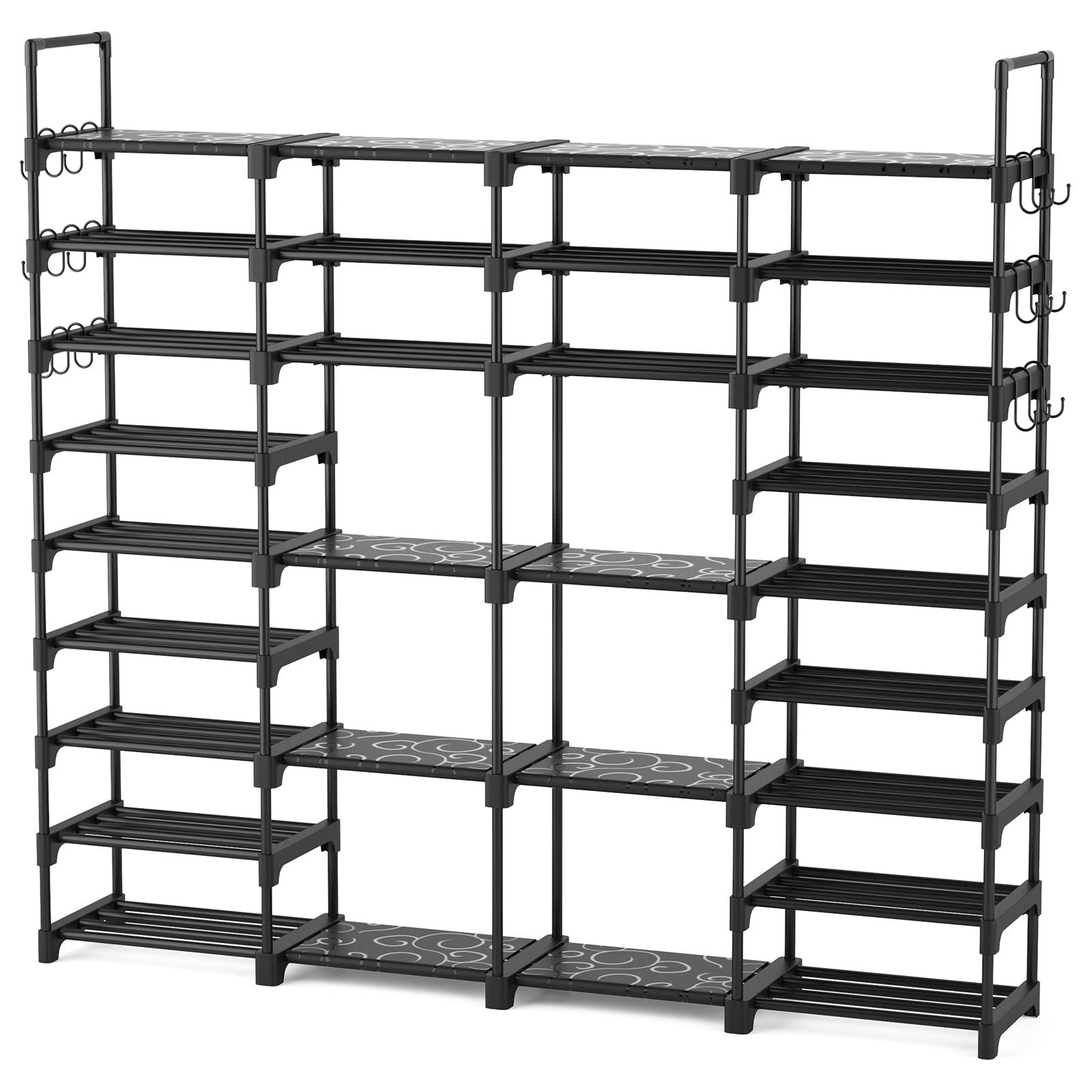 Photo 1 of ROJASOP Large Shoe Rack Organizer for Entryway Closet 64-68 Pairs 9-Tier Heavy Duty Tall Garage Shoe Rack Shoe Shelf Shoes Storage with 18 Pcs Removable Side Hooks for Bedroom and Garage Black