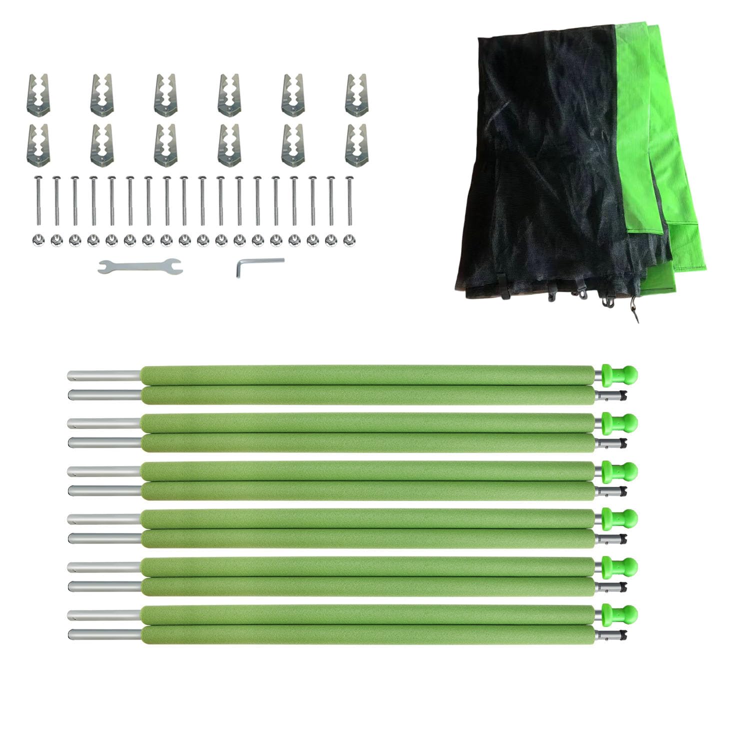 Photo 1 of 14FT Trampoline Net and Green Replacemen Poles, with Clamp and Hardware, Enclosure Pole Connecters, Screws and Bolts, Poles Caps Fits 14FT Trampoline with 6 Poles