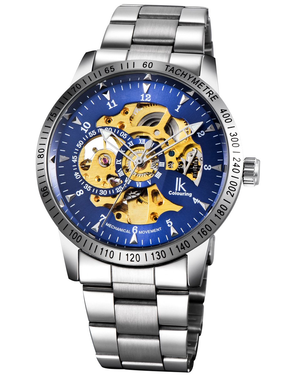 Alienwork IK Automatic Watch Men Women Silver Stainless Steel Metal Strap Blue Skeleton
