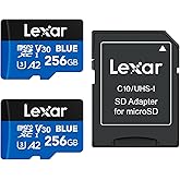Lexar 256GB 2 Pack Blue Micro SD Card Up to 160MB/s, microSDXC UHS-I Memory Card with SD Adapter, C10, U3, A2, V30, Full HD, 4K UHD, High Speed TF Card