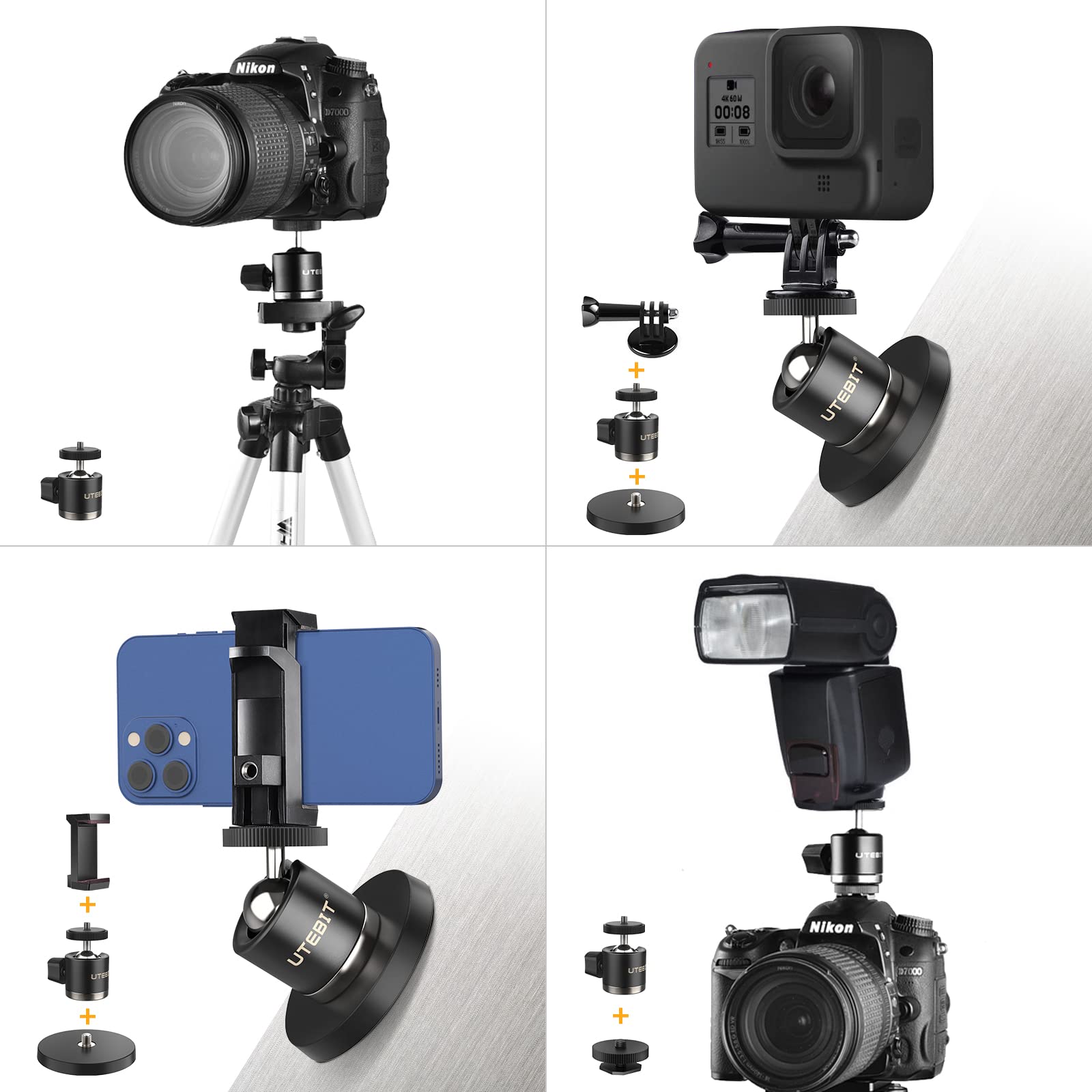 UTEBIT Magnethalterung Werkzeug mit 360° drehbarem Kugelkopf, Supermagnetischem 88-mm-Magnetfuß mit Smartphone-Halter, Kamera Magnethalter Kompatibel mit GoPro, Action-Kamera, max belastbar 30 kg 4