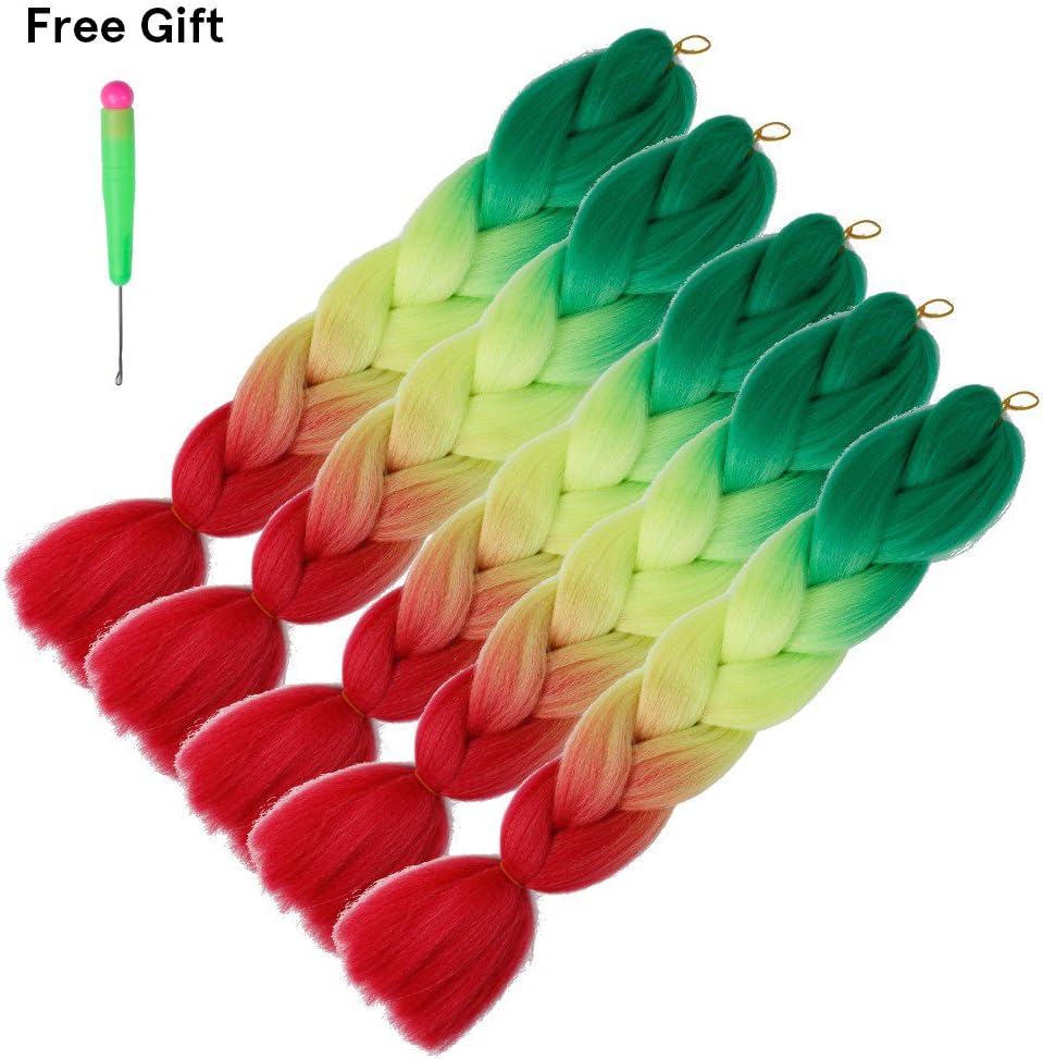 WENDY HAIR 5pcs/lot Three Tone 24'' Ombre Jumbo Braiding Hair Extensions Crochet Braids Synthetic Fiber for Twist Braiding Hair Green to Red Color