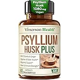 Fiber Supplement with 1080mg Psyllium Husk Powder, Slippery Elm for Women & Men, Ginger Root – High Fiber Pills for Regularity, Digestive & Gut Health – Gentle on Stomach 60 Psyllium Husk Capsules