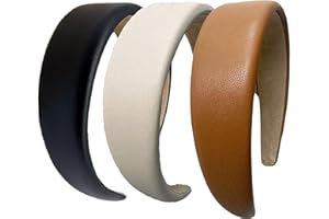 Women's Padded Headbands 3pcs (Black+Brown+Beige）, 4cm Wide PU Leather Hair Bands, Candy Color Series HRK7, Leather headband 