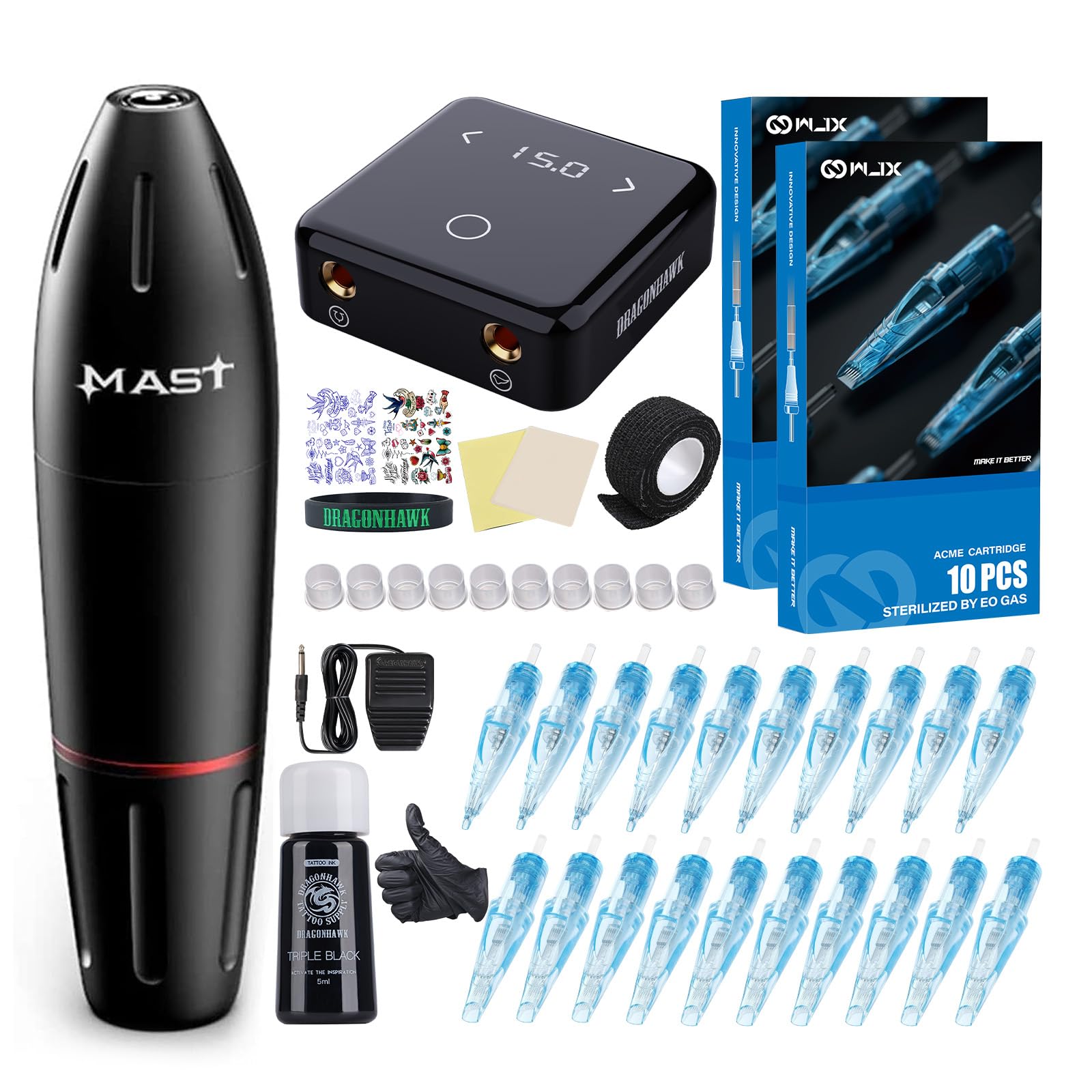 Photo 1 of Dragonhawk Tattoo Machine Kit Rotary Tattoo Pen Gun Kit 20Pcs Tattoo Cartridges Needles Foot Pedal Power Supply for Tattoo Artists (Machine Kit)