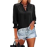 siliteelon Blouses for Women Dressy Casual 3/4 Length Sleeve Womens Tops Ruffle Collar Tie Front Lace Cute Spring Summer