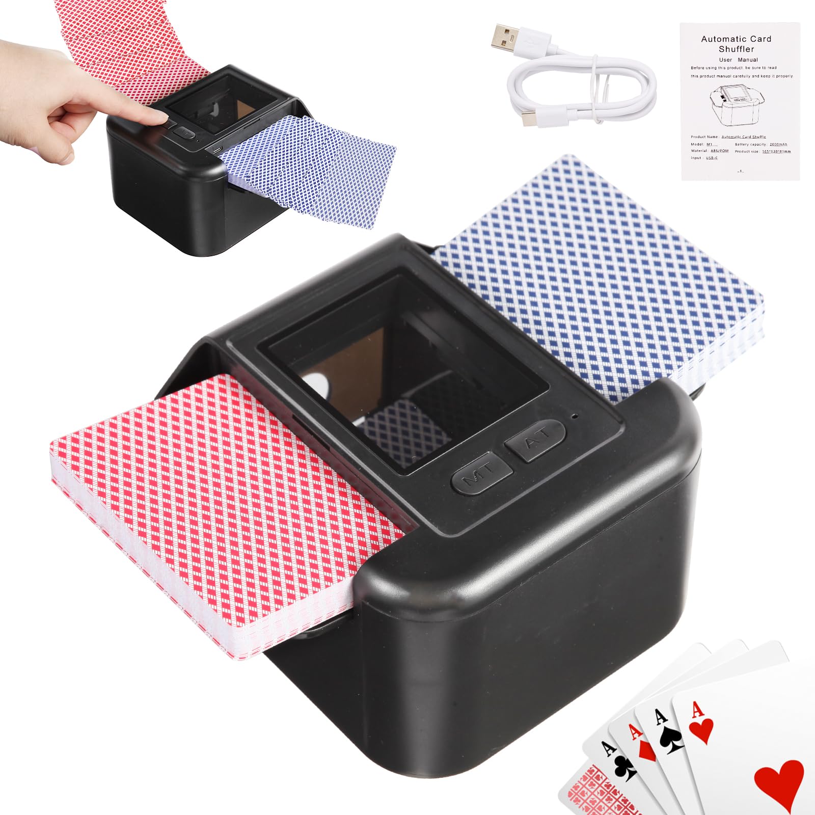 Automatic Card Shuffler Rechargeable for 1-2 Decks, 2000 mAh Built in Battery USB-C Charge, Low Noise Fast Shuffler, Portable Smart Auto Shuffler for UNO Poker Blackjack Skip-Bo Texas Hold'em (Black)