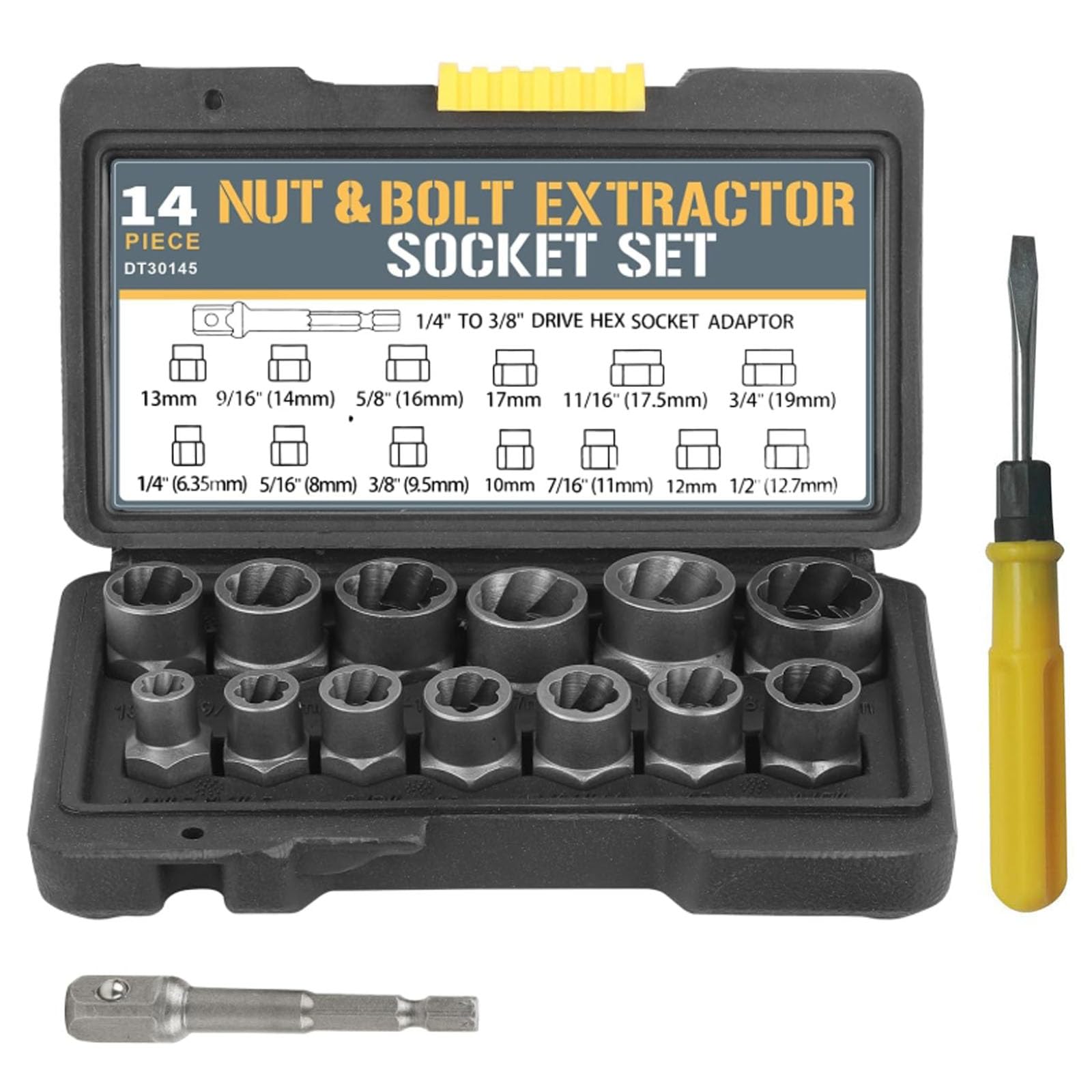 GIONAR 15 Pcs Impact Bolt and Nut Remover Set, Impact Bolt and Nut Extractor Socket Set with 1/4" to 3/8" Drive Hex Socket Adapter for Stubborn Sockets and Bolts, Extraction Set with 1 Screwdriver