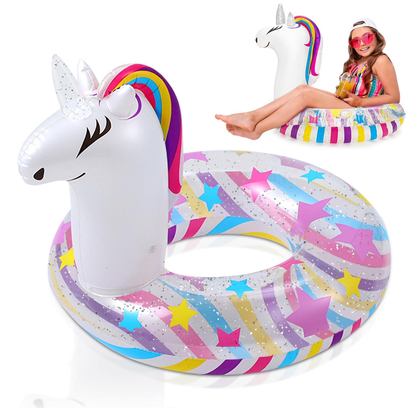 WenYa 28 Inch Unicorn Inflatable Floats Rings for Girls, Adults Unicorn Inflatable Pool Rings with Glitter for Water Fun, Beach Pool Toys for Summer Party (White)