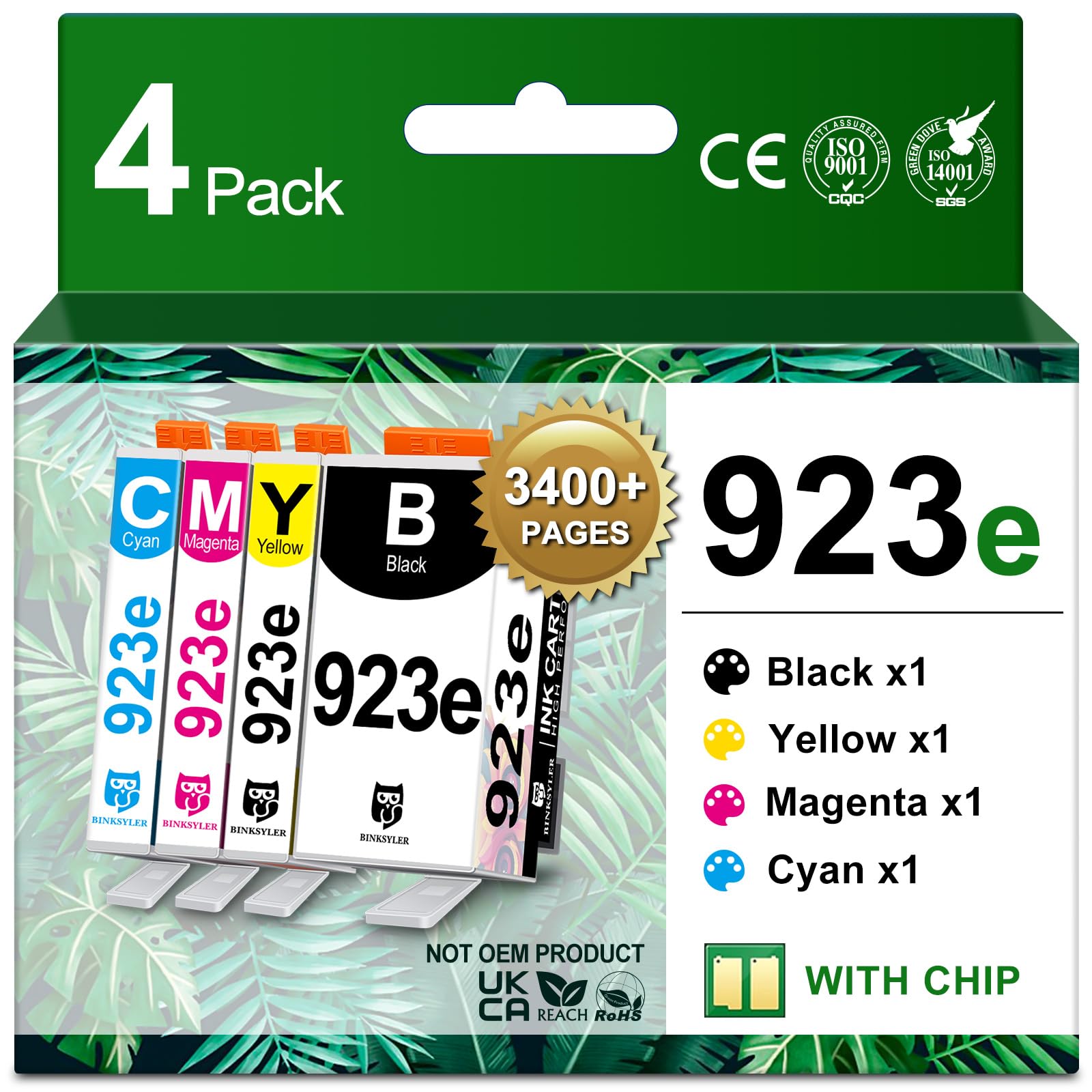 Photo 1 of 923XL 923e Ink Cartridges Combo Pack with chip, High Yield Replacement for HP 923 923e 923XL Ink Work for HP OfficeJet Pro 8135e 8138e 8139e 8122e 8120 8123 8130 8133 Printers (BK/C/M/Y) 4-Pack