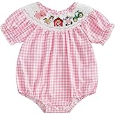 FIOMVA Toddler Baby Girl Clothes Summer Smocked Bubble Romper Embroidery Onesie Short Sleeve Bodysuit Cute Outfits