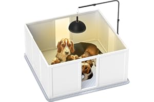 PawHut Whelping Box for Dogs, Newborn Puppy Supplies with Retractable Light Stand, Waterproof Pee Pad, Adjustable Height Door, Dog Whelping Pen for Small and Medium Breed Dogs, 39" x 38" x 19"