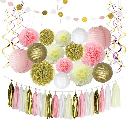 Amazon Com Litaus Pink And Gold Birthday Decorations Pom Poms