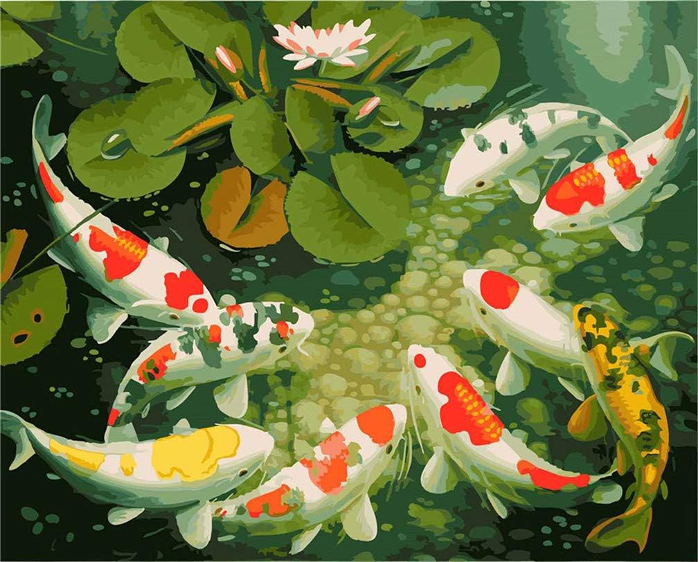 Awesocrafts Paint by Numbers Kits, Koi Carp Lotus Pond Number Painting for Adults 16x20 inch Framed (Carp, Framed)