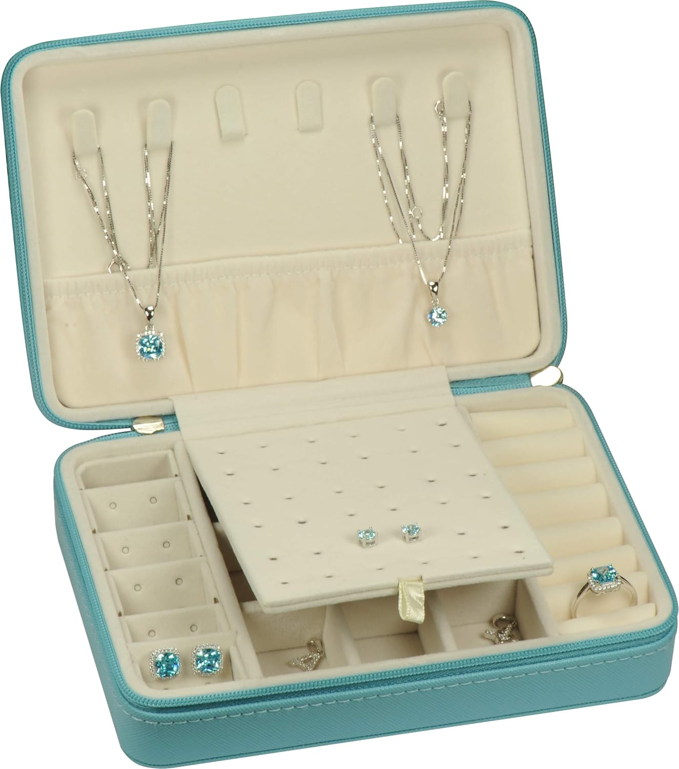 Sky Blue Color Medium Jewelry Organizer Box for Travel for Home Use Jewelry Storage Case Premium PU Leather Exterior and Soft Touch Velvet Interior Perfect Jewelry Gift Box for Women for Gilrs Box Size 6.54〞(W)4.72〞(D)1.97〞(H): Home Improvement